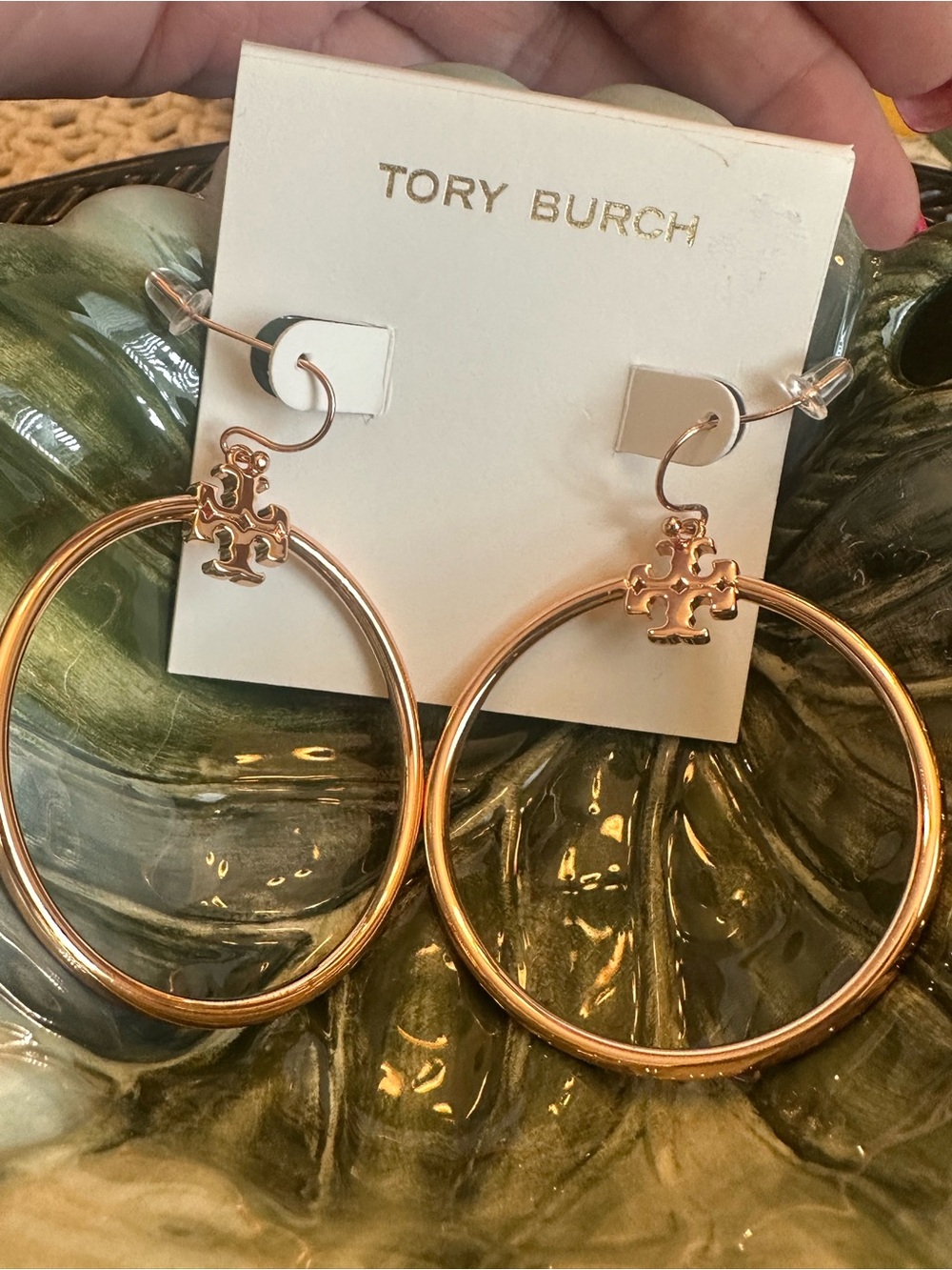 New Tory Burch Rose Gold Stacked T Logo Hoop Earrings